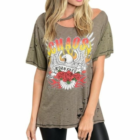 emory park Tops - Distressed Chaos Olive Green Graphic T-Shirt